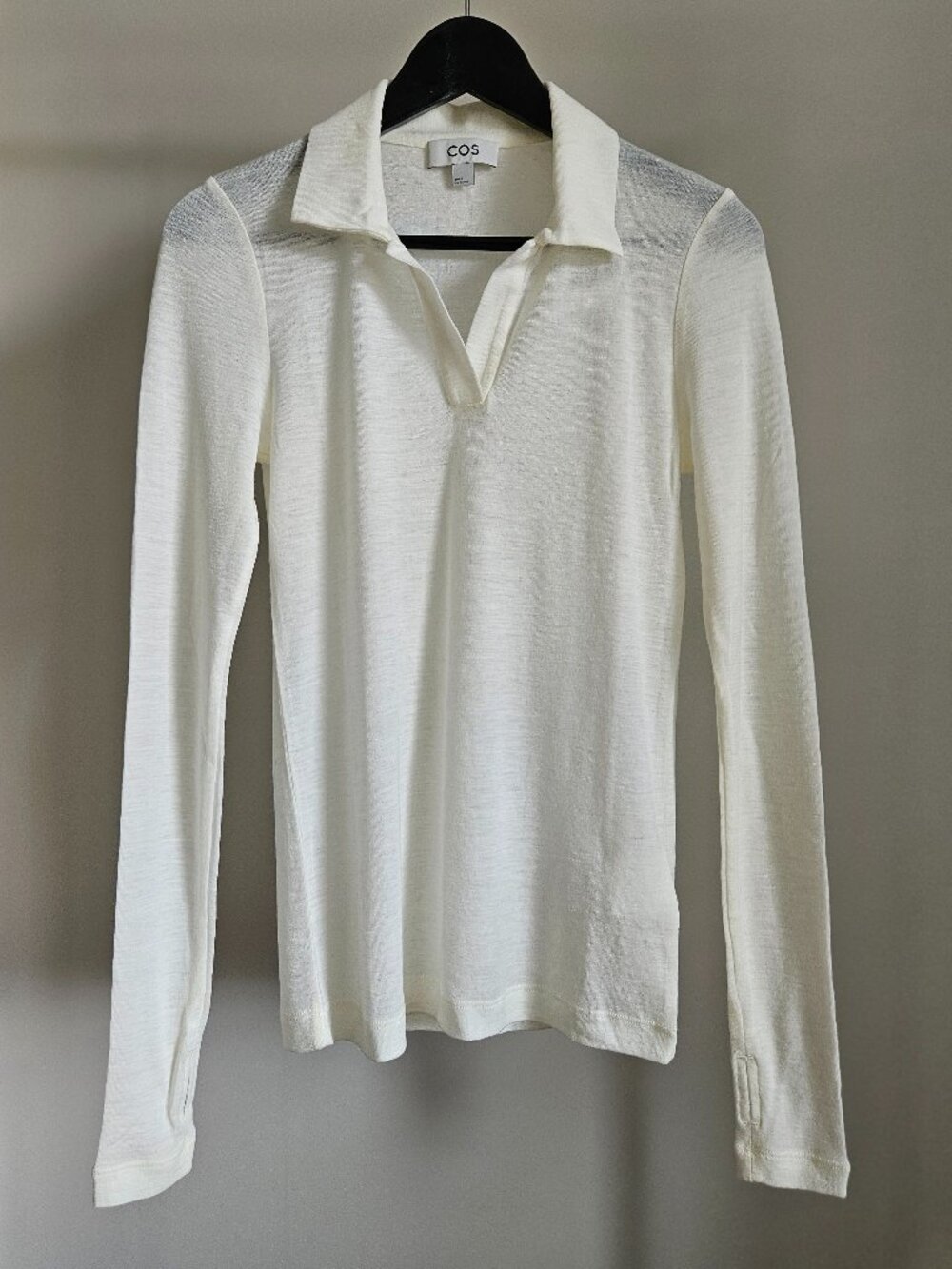 NWOT COS 100% Washable Wool long Sleeve Polo Shirt Cream - Size S